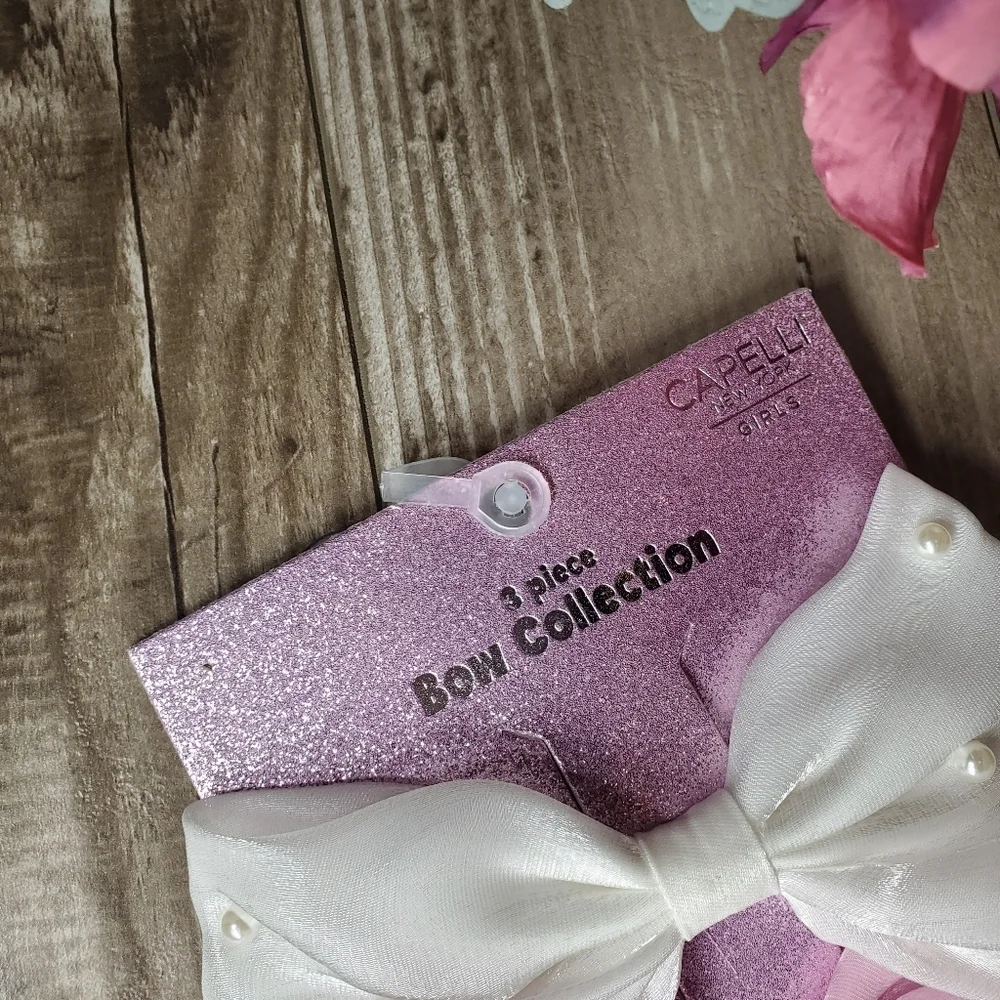 NWT Capelli New York Girls Pearl-Embellished 3pc Bow Set - White, Pink, Black